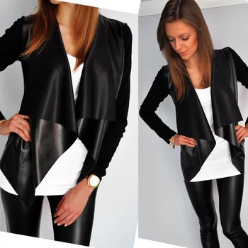 

GAOKE Women Faux Leather Patchwork Cardigan Coats Spring Autumn Fashion Long Sleeve Casual Female Leather Cardigan Black