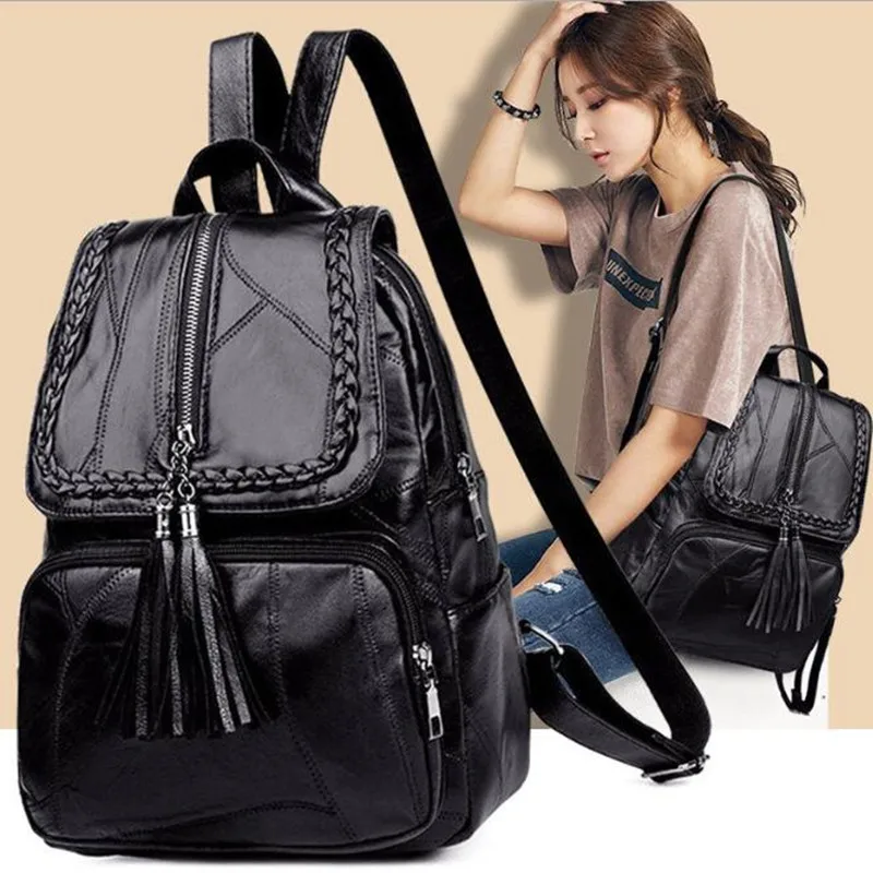 Mochila de piel sintética para mujer, bolso escolar clásico, negro, impermeable, multifunción, para viaje, 2021