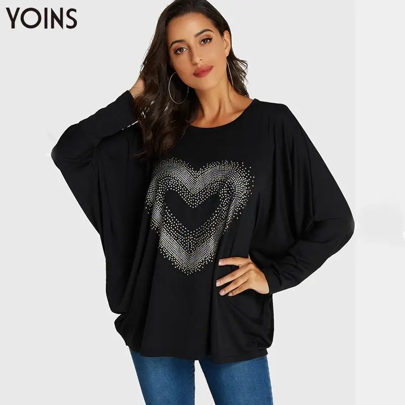 YOINS 2019 весна осень зима блузки и рубашки черный украшенный стразами круглый вырез