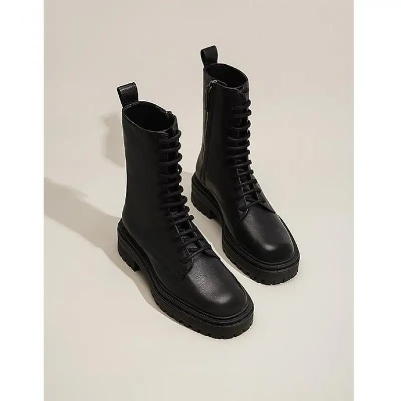 

Women's Shoes 2021 Winter Mid-calf Martin Boots Thick-soled Female British Style Lace-up Cowhide Short Booties Botas Femininas