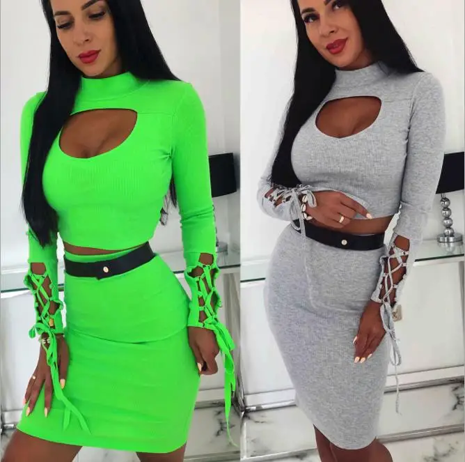 

BKLD Bandage Bodycon Fashion Two Pieces Autumn Rib Knit Sets 2019 Women Long Sleeve Sexy Hollow Out Lace Up Crop Tops+Mini Skirt