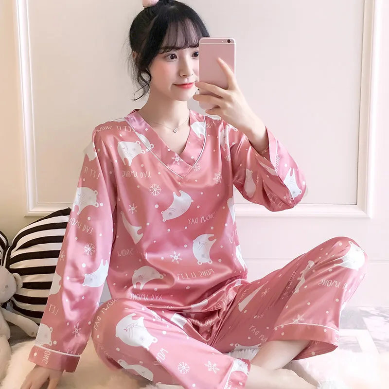 898Pink Пижама с милым рисунком из мультфильма, комплект шелковой женской одежды для сна, весна-осень, новые женские пижамные комплекты с v-образным вырезом, домашняя пижама для молодых девушек - Цвет: 898Pink