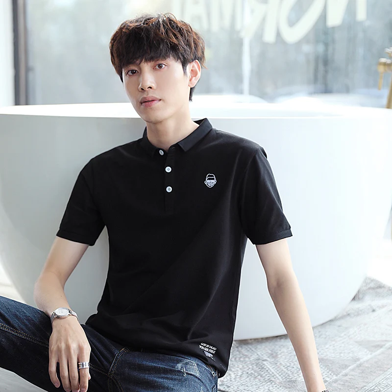 

BROWON Summer 2020 Men's Short Sleeve T Shirt Casual Loose Solid Color Turn-down Collar Cotton Tshirt Mens Clothing