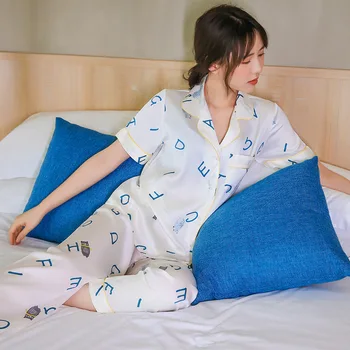 

Spring and summer ice silk new ladies pajamas short sleeve trousers simple and fresh suit cute simulation silk home service