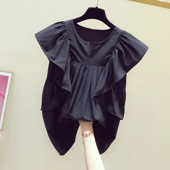 

Short Sleeve Black Shirt Woman Summer Wear New Elegant Ruffles Crew Neck Pullover Shirt Ladies Tops Blusas Mujer De Moda 2020