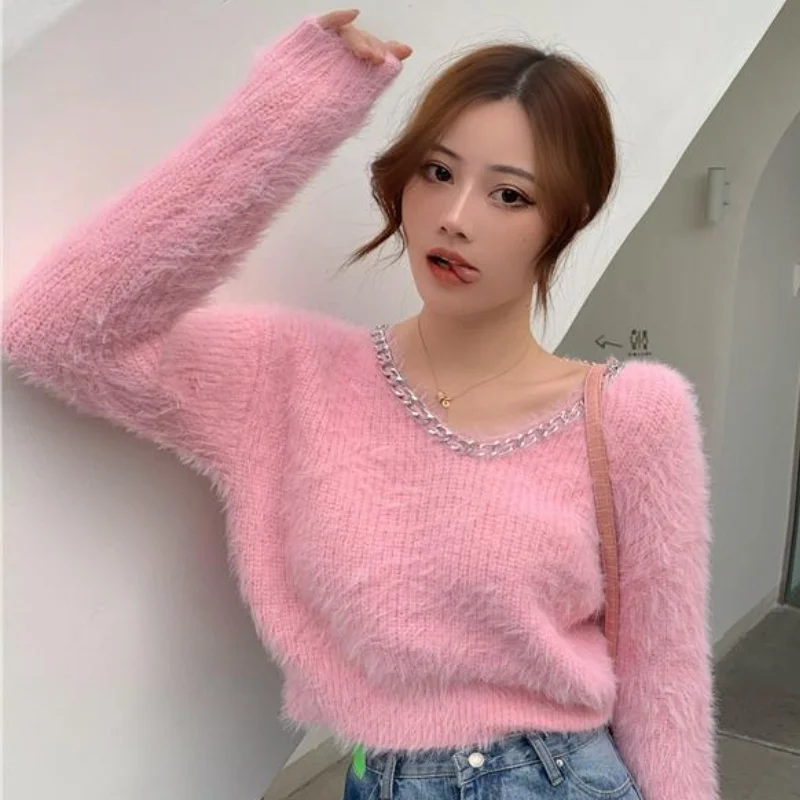2022 Short Sweater Top Winter Korean Soft Waxy Texture Metal Chain V-neck Knitted Pullover Long-sleeved Office Ladies Clothing cable knit sweater Sweaters