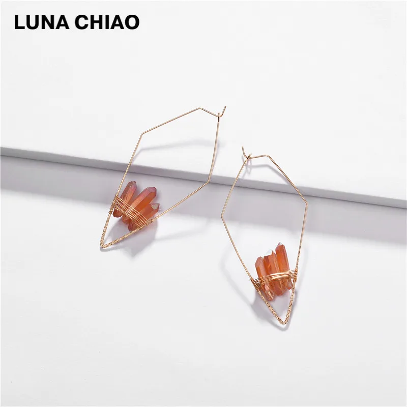 wine LUNA CHIAO Модные Позолоченные геометрические медные серьги-кольца из натурального кварца, серьги-подвески большого размера для женщин - Окраска металла: wine