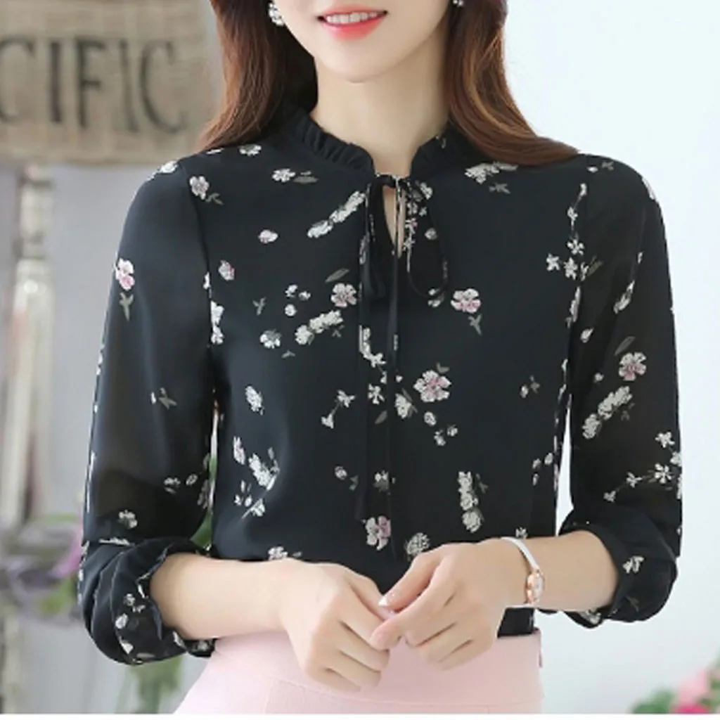 Fashion Chiffon Bow Tie Blouse Casual Summer Ladies Print Sexy V-Neck Tunic Tops Female Women Long Sleeve Shirt Blusas Pullover | Женская