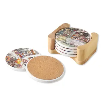 

4Pcs/Set Diameter 9 CM Coaster Ceramic Drink Absorbent Surface Slip-resistant Mat Mug Stand Beer Mat With Cork Cup Holder
