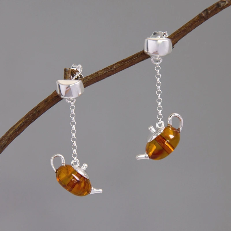 

INATURE Natural Amber Teapot Drop Earrings for Women 925 Sterling Silver Jewelry
