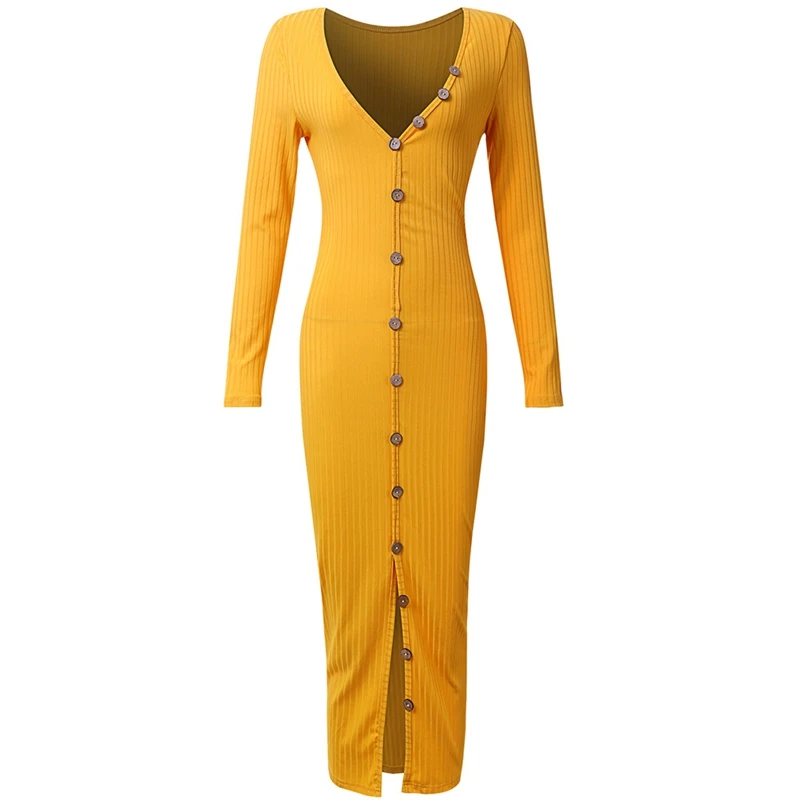

Ribbed Knit Bodycon Dress Women Autumn Winter Dress Long Sleeve V Neck Button Front Split Elastic Elegant Midi Sexy Party Dress