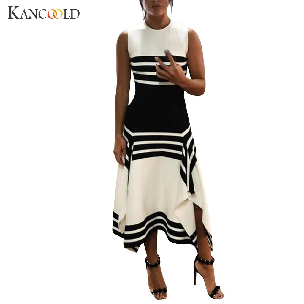 

KANCOOLD Women's Long Sleeve Stripe Retro Casual Splicing Slim Thin Fashion Comfortable Round Neck Dress