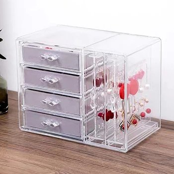 

Jewelry Organizer 4 Drawers 2 Earring Hanger Two-In-One, Clear Rings Bracelets Necklaces Box for Women, Girls Gift Gray