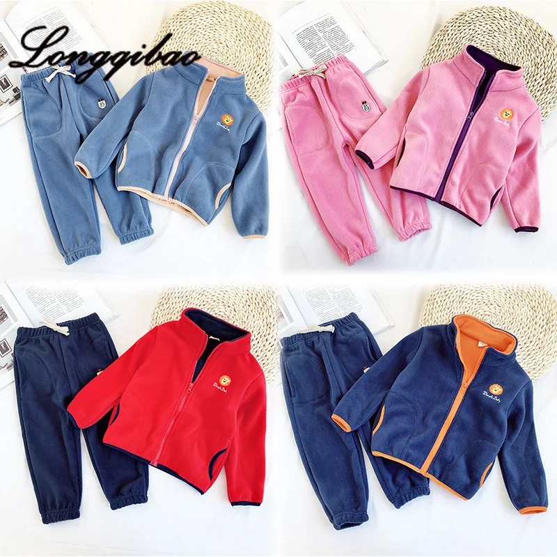 Longqibao/детская одежда Повседневный Спортивный костюм из флиса для мальчиков и девочек Двусторонняя бархатная теплая детская одежда из двух предметов