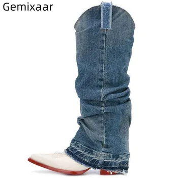 

Blue Denim Casual Boots Women Point Toe Decor Sewing Ladies Shoes Woman Low Square Heel Comfy Insole Bottes Unique Boots Woman