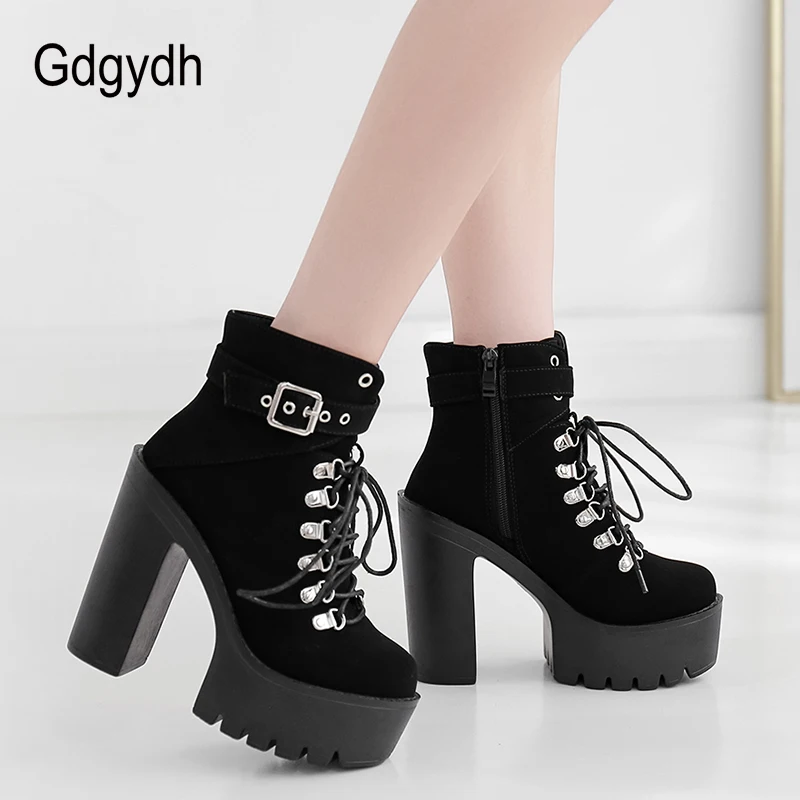 Platform Boots Women Lace Up Buckle Winter Shoes Thick Heel Autmn With Zipper Ankle Strap
