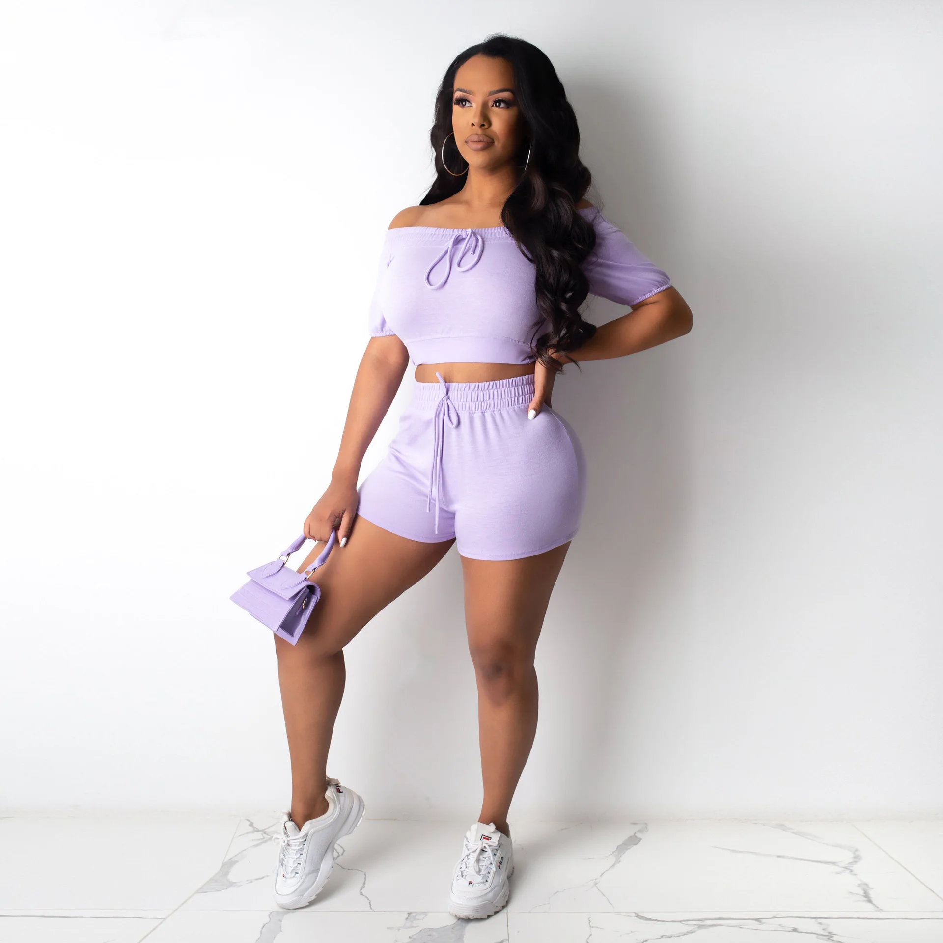 

2020 Summer Women Home Tracksuits Solid Lace Up Slash Neck Short Sleeve Crop Top+Shorts Fitness Two Piece Suit Outfits Plus Size