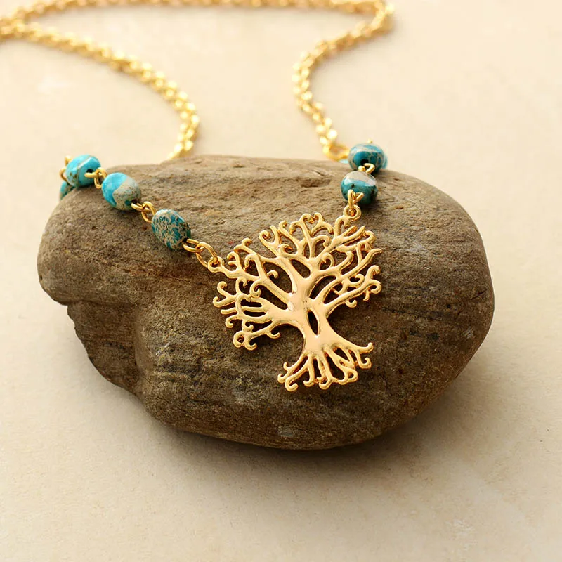 Tree Pendant Lariat Necklace Imperial Jaspers Gold Tone Chain Necklace Boho Jewelry for Women Teengirls Dropshipping