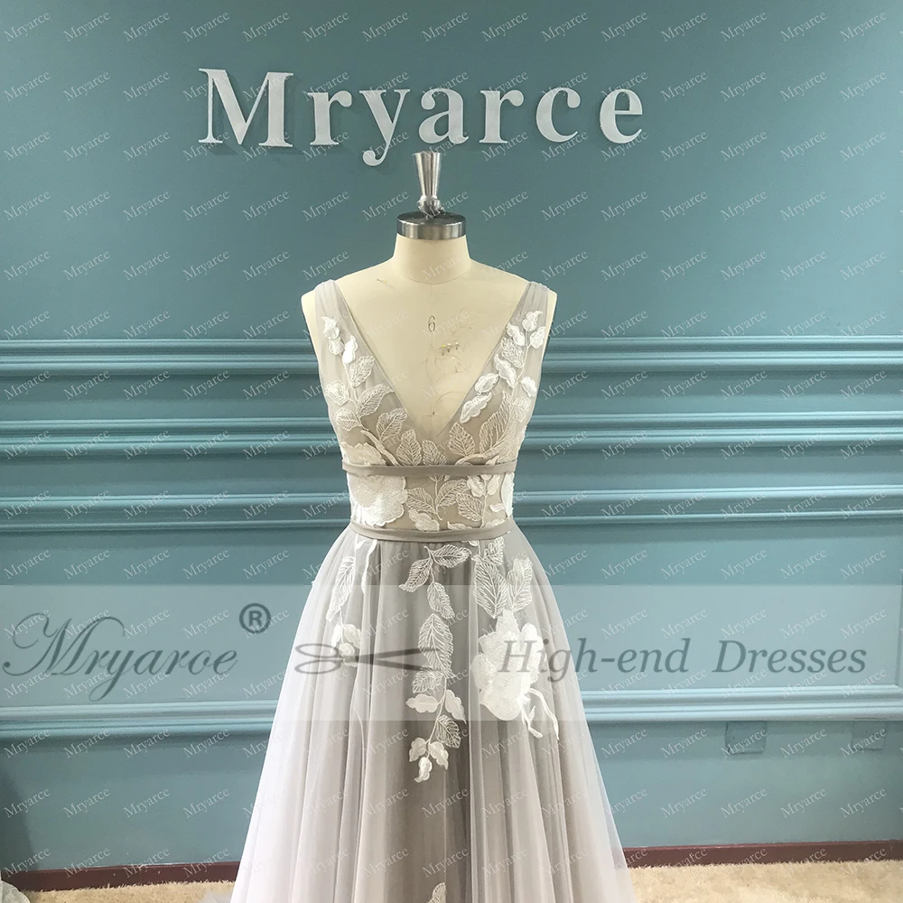 Mryarce потрясающее кружевное цветочное Платье серое свадебное платье с v-образным вырезом серебристое шикарное свадебное платье с открытой спиной