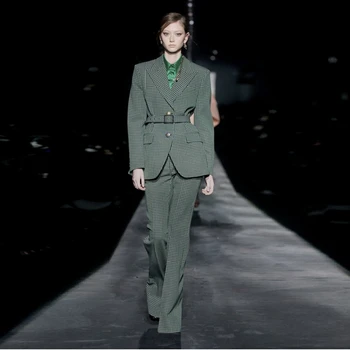 

Women Fashion Green Plaid Belt Jumpsuit 2020 Sexy V neck Two 2 Pieces Verano Clubwear Celebrity Party Button Suit Wholesale
