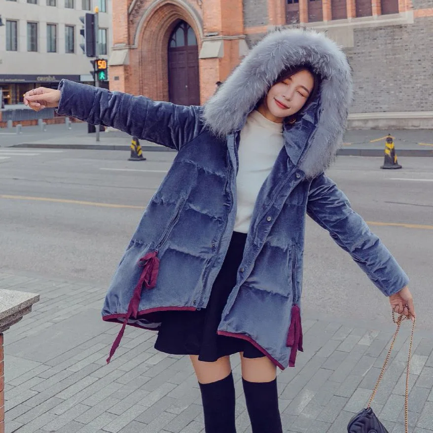 

Photo Shoot CHIC Sweet Lace-up Loose Cloak Velvet down Coat Short-height Hooded Large Fur Collar A- line Cotton Coat Women's