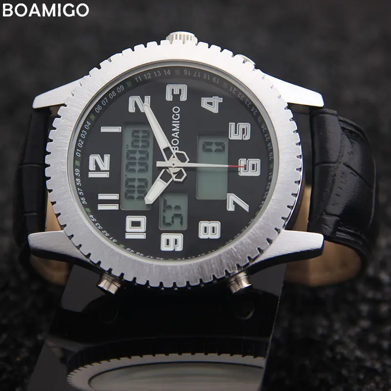 BOAMIGO2020 New Men Watch Dual Time Zone Military Digital Analog Quartz Chronograph Sports Watch Waterproof Leather LED Watch