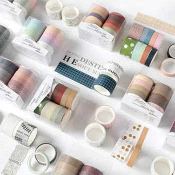 

10 Pcs/pack Cute Solid Color Flower Stripe Dot Washi Masking Tapes Scrapbooking Adhesive Tape Stationery Label Stickers