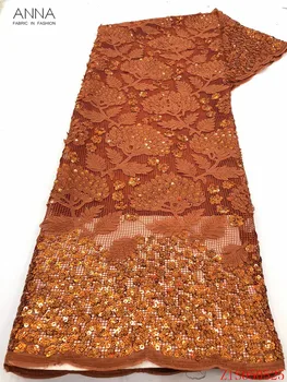 

Anna african orange lace fabrics with sequins embroidered fabric french coarse mesh laces fabrics 5 yards/pcs for garment sewing
