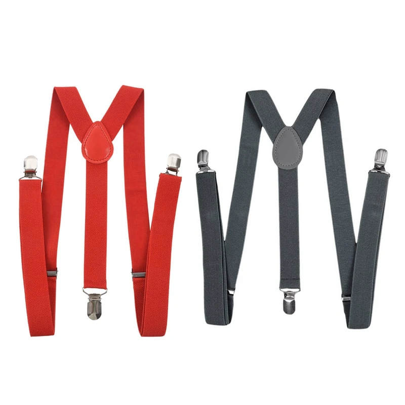 

2Pcs Women Men Clip-on Adjustable Pants Elastic Y Back Suspender Braces - Red & Dark Gray