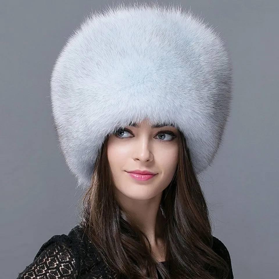 FXFURS осень и зима Новая женская шапка из натурального меха енота русская меховая шапка из натурального Лисьего меха купольная монгольская шапка FXH-161013 - Цвет: blue fox