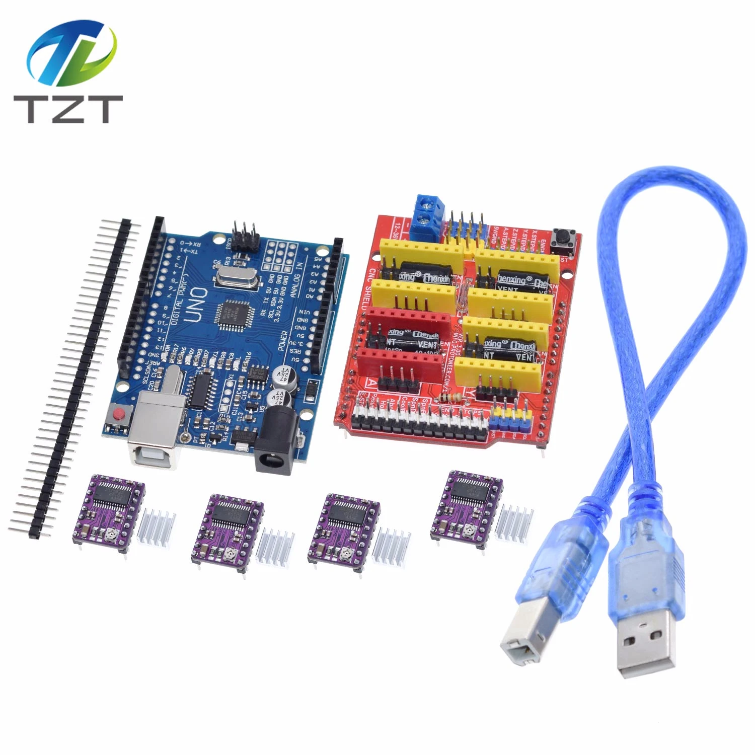 TZT cnc shield V3 гравировальный станок 3D Printe+ 4 шт. DRV8825 драйвер Плата расширения для Arduino+ UNO R3 с usb-кабелем