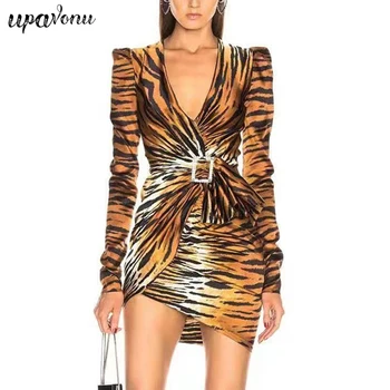 

UpAvonu 2020 Spring New Elegant Women's Leopard Vestidos Sexy V-neck Long Sleeve Bodycon Celebrity Christmas Party Mini Dress
