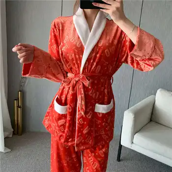 

Kimono Gown Casual Women Velour 2PCS Pajamas Suit Letter Shirt&Pants Soft Sleepwear Velvet Home Clothes Intimate Lingerie