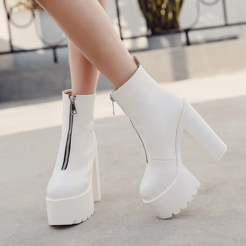 

Black White Platform Ankle Boots for Women High Heel Boots Ladies Zipper Winter Booties 2019 Woman Shoes Plus Size Dropshipping