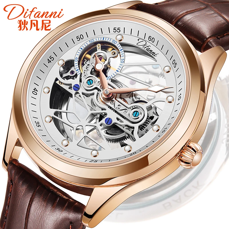 

Fashion Transparent Automatic Watches Men Tourbillon Rose Gold Strap Mechanical Wristwatches Skeleton Hollow Relogio Masculino