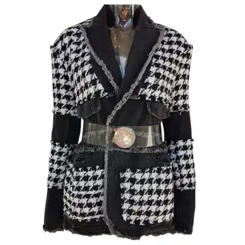 

Runway Designer Elegant Houndstooth Winter Coat Women 2020 Long Sleeve Thicken Plaid Wool Jacket Women