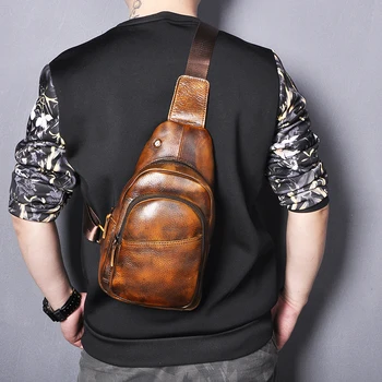 

Men Quality Leather Casual Triangle Chest Sling Bag Design Daypack One Shoulder Bag Fashion Crossbody Bag Male 008