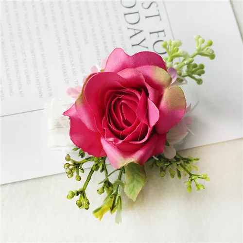 wrist corsage-f Meldel Шелковый бутоньерка Роза свадебный цветок корсаж и бутоньерка браслет для невесты на запястье корсаж цветок бутоньерка для жениха - Цвет: wrist corsage-f