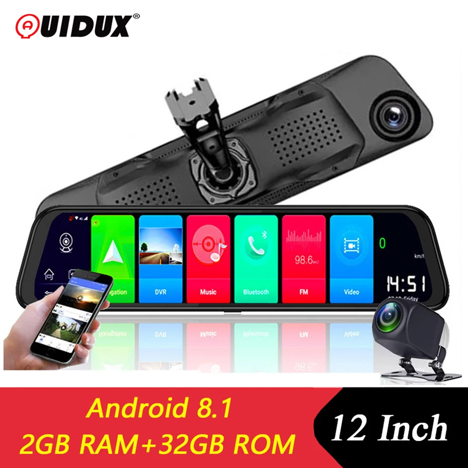 Автомобильные видеорегистраторы QUIDUX 12 дюймов Android 8 1 GPS Bluetooth навигация FHD 1080P
