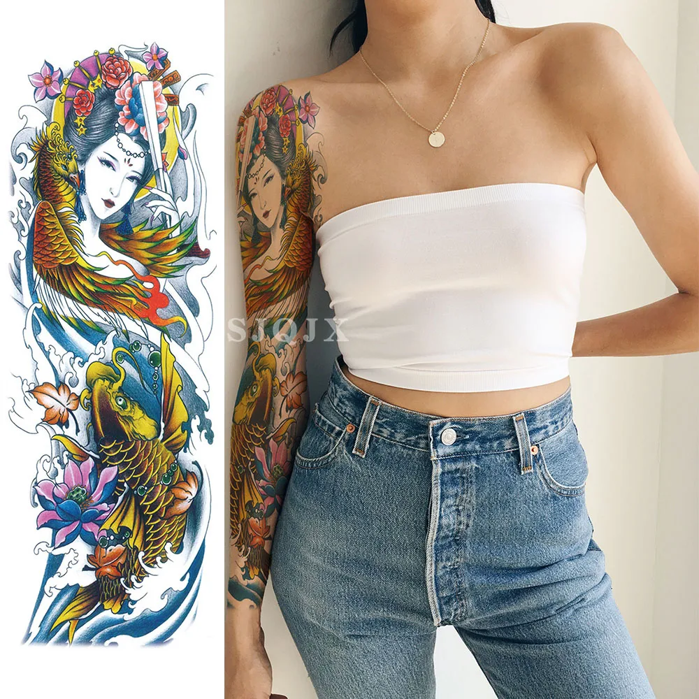 Временная водостойкая татуировка на полную руку наклейка рыбьи черепа цветы Тигр дракон полная рука искусство поддельные татуировки для мужчин и женщин на руку бедра