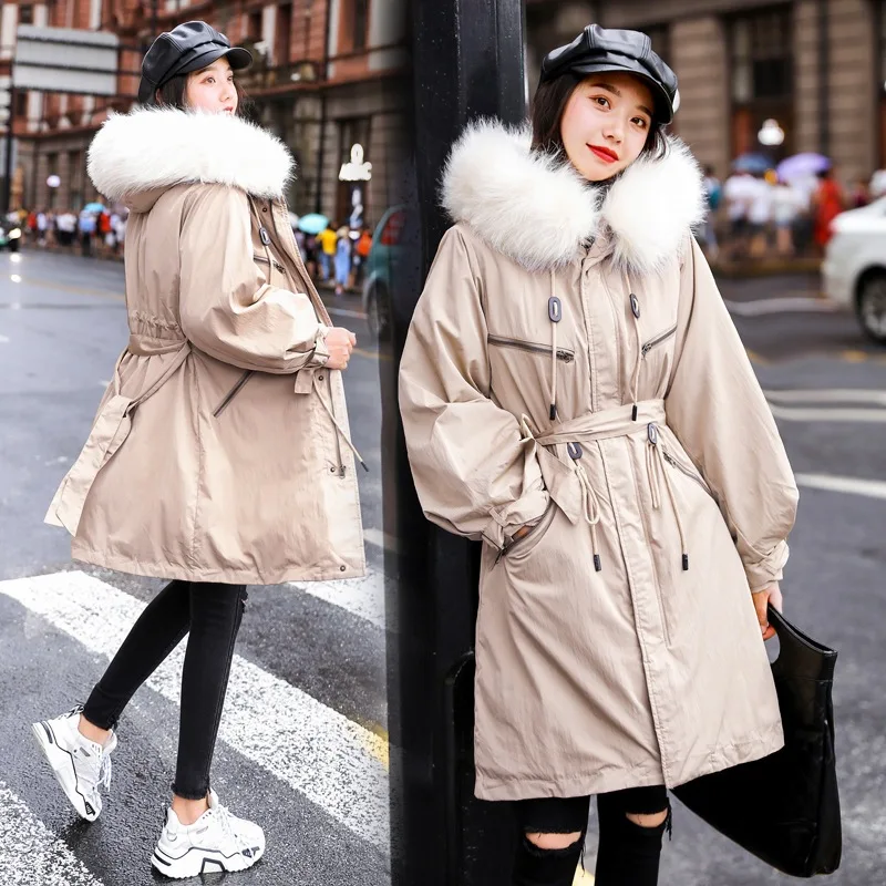 

Off Season New Style 2019 Winter Women's Mid-length Hooded Large Fur Collar Students' Clothes Cotton-padded Jacket Solid Color W