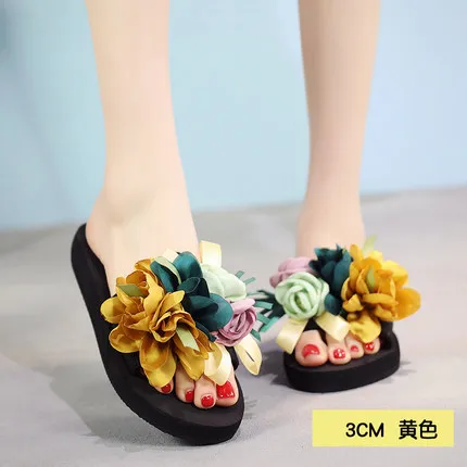 yellow flower Новое поступление; женские шлепанцы; сандалии-Вьетнамки; женская пляжная обувь с цветком; коллекция года; модные уличные шлепанцы на плоской подошве с цветочным узором - Цвет: yellow flower