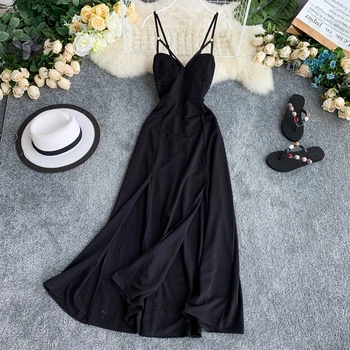 

2020 Summer New Fashion Women's Dress Sexy V-neck Closed Waist Slimming Slits Beach Dresses Black Vestidos