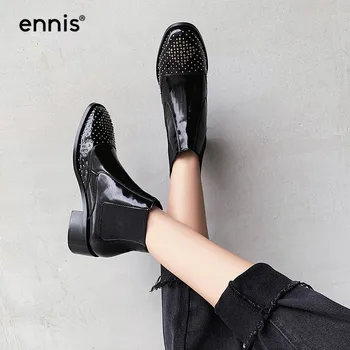 

ENNIS Brand Rivet Studded Ankle Boots Female Genuine Leather Boots Women Square Heel Brogue Shoes Black Boots Autumn New A9241