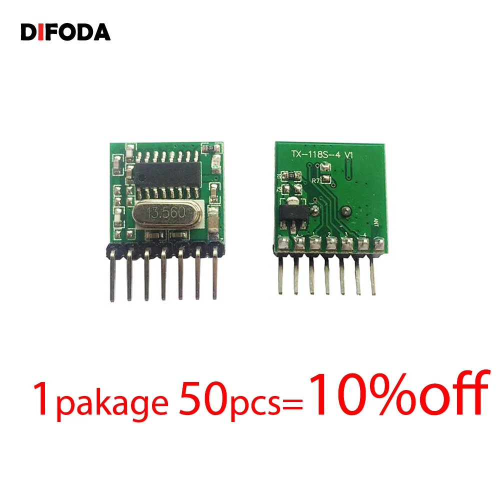 

DIFODA 50pcs 433Mhz Superheterodyne RF Radio Transmitter Module 1527 Encoding EV1527 Code Wide-voltage 3V-24V For Remote control