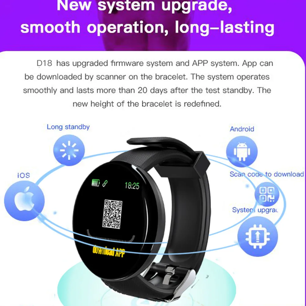 Круглый экран D18 Smartband шаги сердечный ритм кровяное давление кислород Bluetooth калории Смарт-часы браслет для мужчин и женщин
