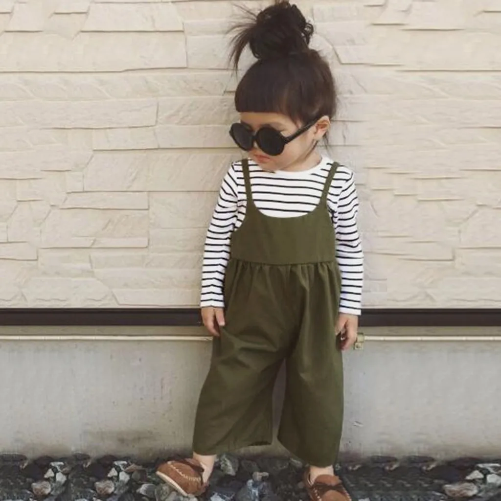 

Girl Clothes Sets Toddler Baby Girls Long Sleeve Striped Print Tops+Solid Suspender straps High Waist suspender Pants Outfits