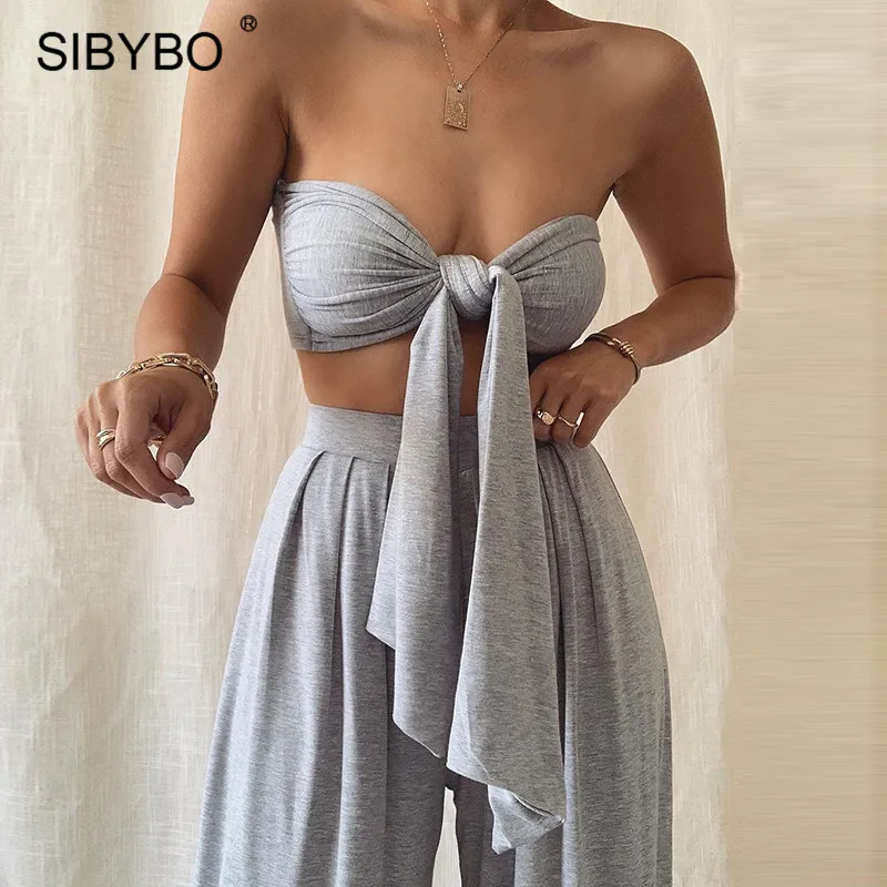 Женский комплект из двух предметов Sibybo пикантный топ с открытыми плечами и широкие штаны черные элегантные
