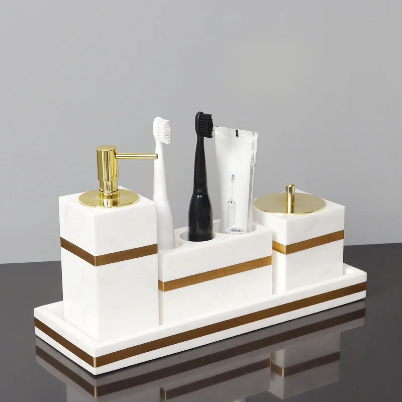 Marble Bathroom Set Liquid Soap Dispenser/Dish Toothbrush Holder Gargle Cup Tray Cotton Swab/Tissue Box Aromatherapy Bottle