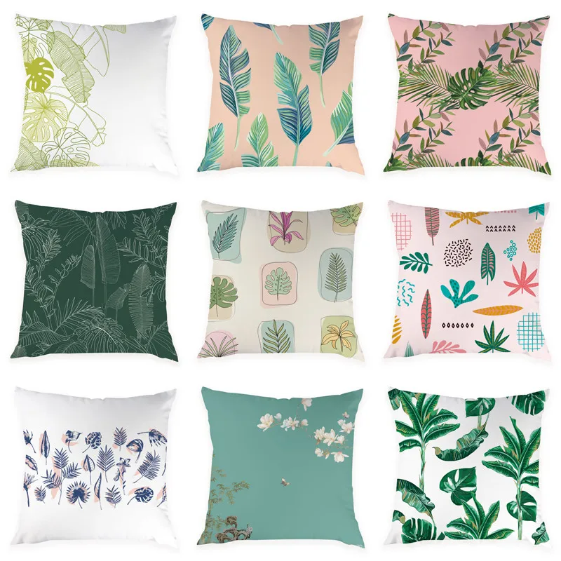 

Cartoon Plant Pillowcase 45*45cm Floral Green Leaf Peach Skin Pillowcase Home Peach Blossom Sofa Decorative Pillowcase Cushion